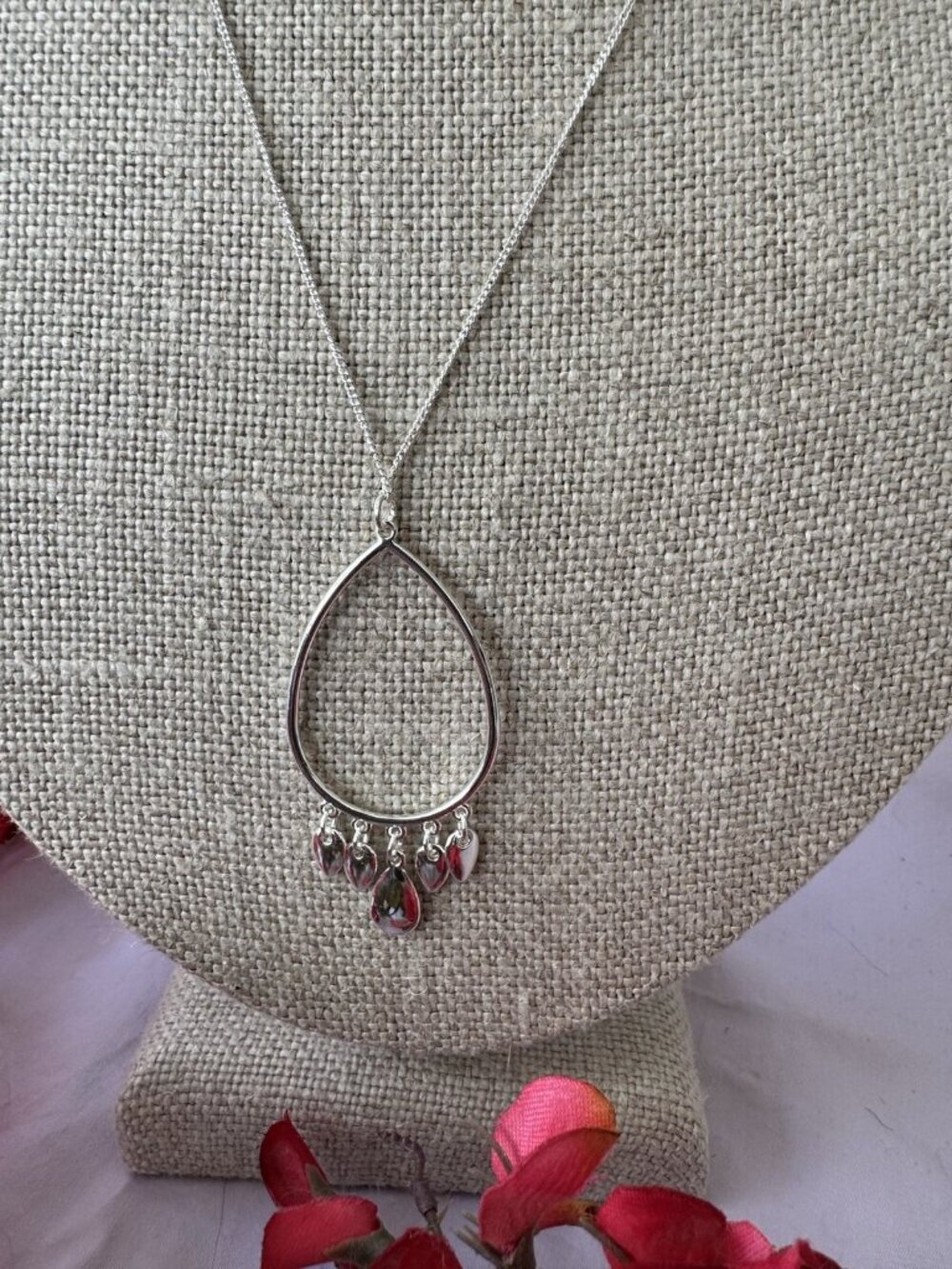 NEW Lauren Conrad 32" Dainty Chain Silvertone Necklace Oval Tear Tassel Charm